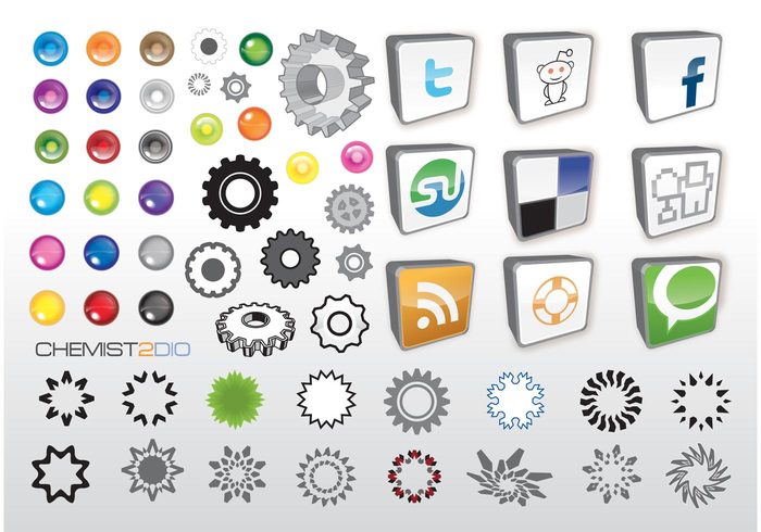 web 2.0 twitter tools Stumbeupon Social bookmark shapes rss feed reddit logos icons glass gear Facebook DIGG community buttons 