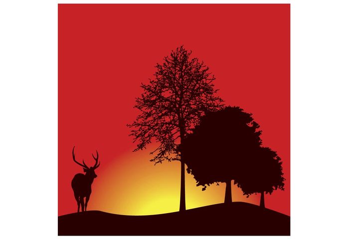 xmas tree sunset sunrise silhouettes park morning holidays forest fauna evening environment deer christmas card 