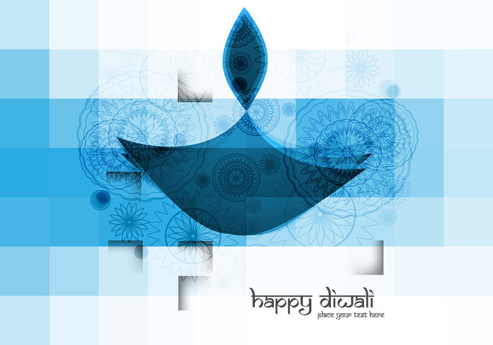 square shape lamp happy geometric flora festival diya Diwali deepawali Composition celebration card blue background 