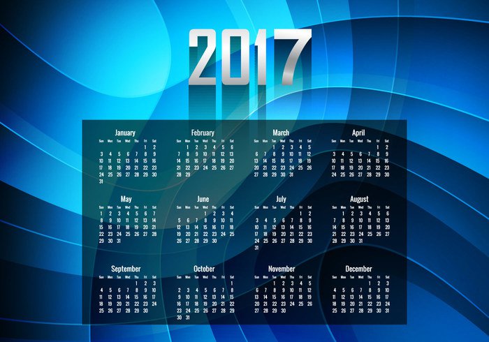 year week text number new months January glowing date calendar bright blue background Annual 2017 
