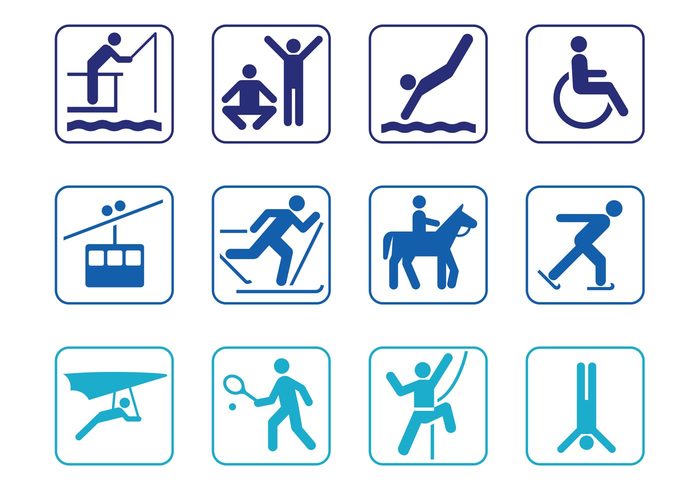 tennis symbols swim sport skier ski people jump icons ice-skating horse fishing equestrian dive disabled active 