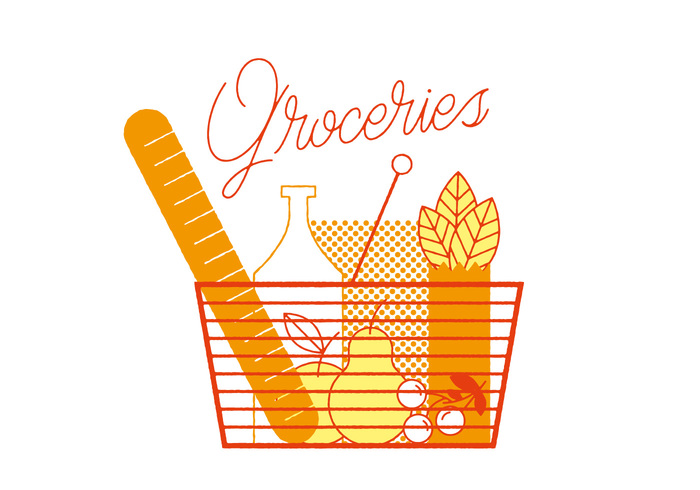 vegetable supermarket shop retail organic milk market Healthy grocery fruit fresh food carrot bread rolls bread basket bag 