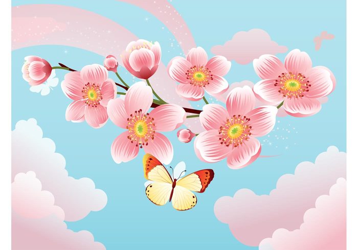sky shines plant petals floral clouds cherry tree cherry blossom butterflies branch blossom bloom 