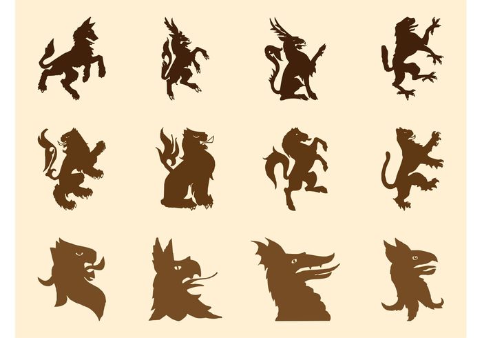 silhouettes silhouette lions lion heraldry heraldic heads Griffon griffin dragon dog Beasts beast Antelope animals animal 