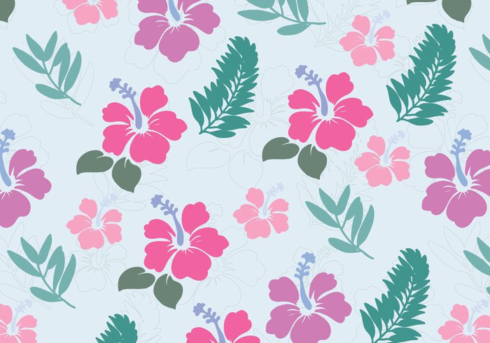 repeat polynesian flower pink pattern nature Hawaiian hawaii hawai green flowers floral blue background 