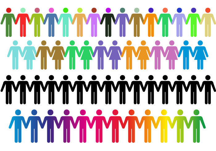 women together teamwork team symbol stick figure icon stick social Rows person people in a row objects men line join isolated icon Hold hands group figure Diverse couple concept company colors border abstract 