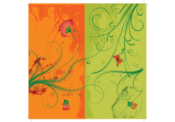 scroll retro plant orange nature natural leaf green flower floral elegance curl butterfly beautiful background 