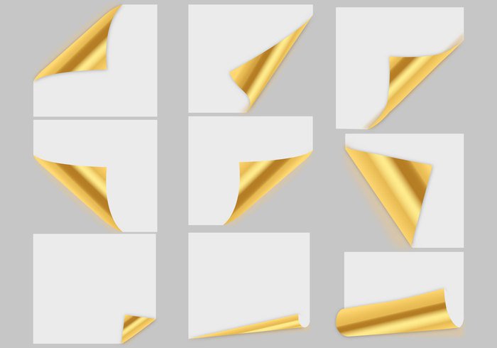 white vector turn square shiny shadow rectangle poster post-it paper page flip page note isolated illustration gray golden Gold Paper gold glossy fold flip design curl corner copyspace copy bookmark blank bent background backdrop advertisement 