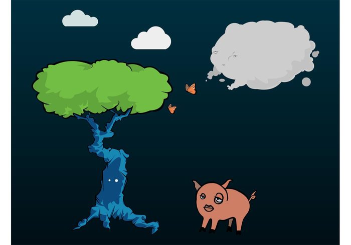 tree sad piglet Piggie pig insects Grumpy Gloomy clouds cartoon butterfly butterflies Bizarre animal abandoned 