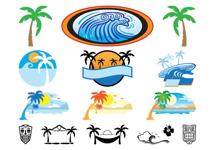 water vacation tropical tiki seaside sea palms ocean logos icons holiday Hawaiian hawaii hammock exotic beach  