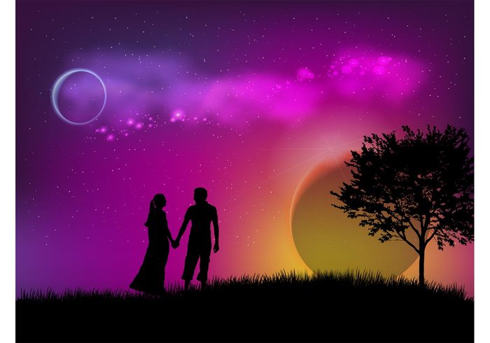 woman valentines day tree stars sky silhouettes romantic romance nature man love couple 