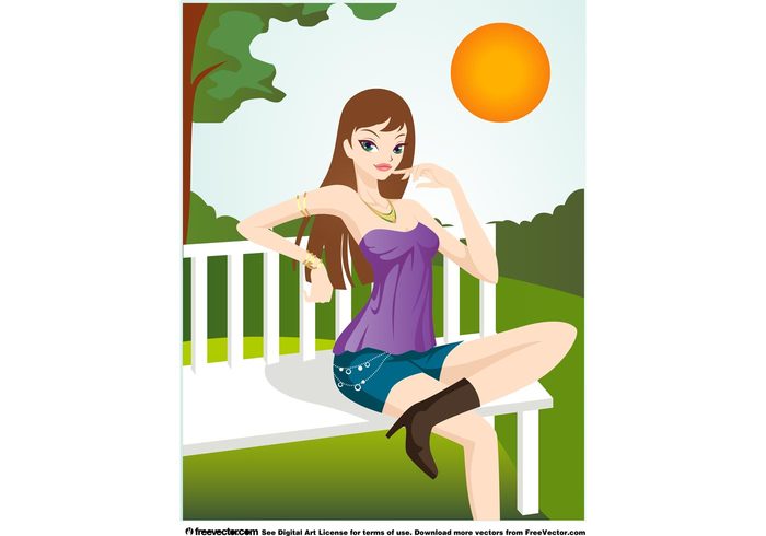 woman trees Smile sexy relax park nature hot happy girl character cartoon bench beautiful 