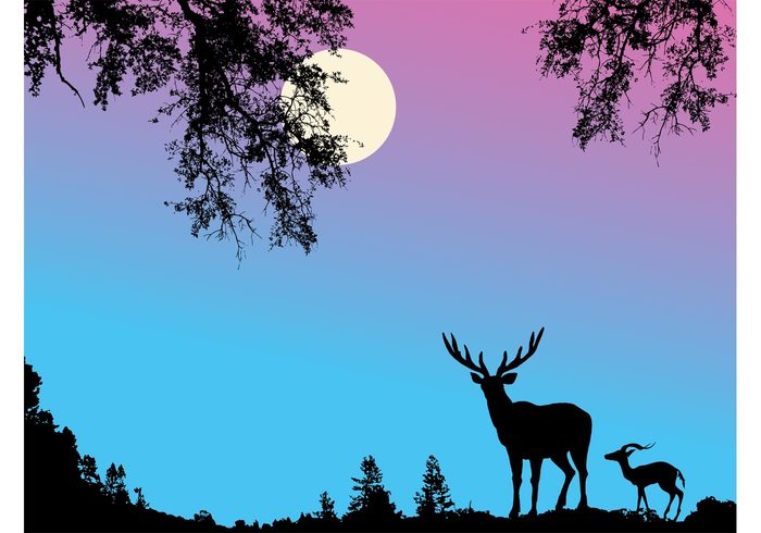 wallpaper trees silhouettes reindeer plants night nature moon horns forest deer branches background antlers Antelope 