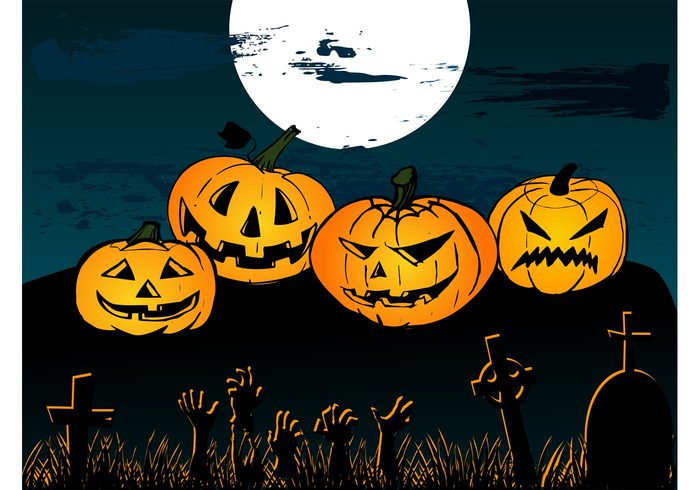 Zombies tombstones Tombs scary pumpkins night moon Jack-o’-lanterns hands halloween graveyard graves background 
