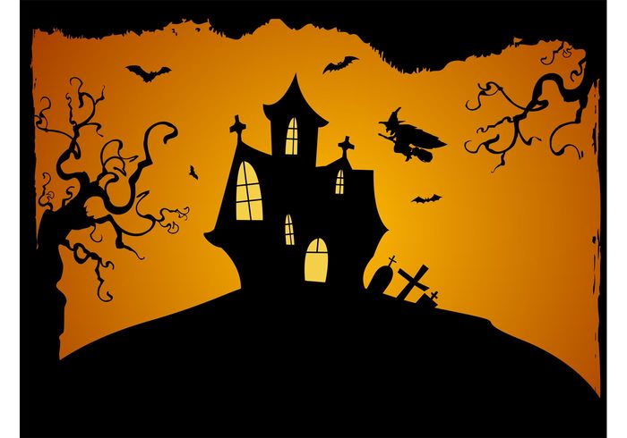 witch wallpaper trees Tombs spooky scary night house hill haunted halloween greeting cards graves bats background 