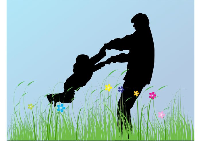 son silhouettes playing play people Parenting parent nature kid happy happiness grass flowers family Daddy dad 