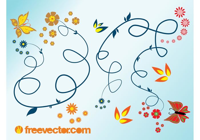 waving swirls swirling Stems Spring graphics plants petals nature lines leaves flowers floral butterflies 