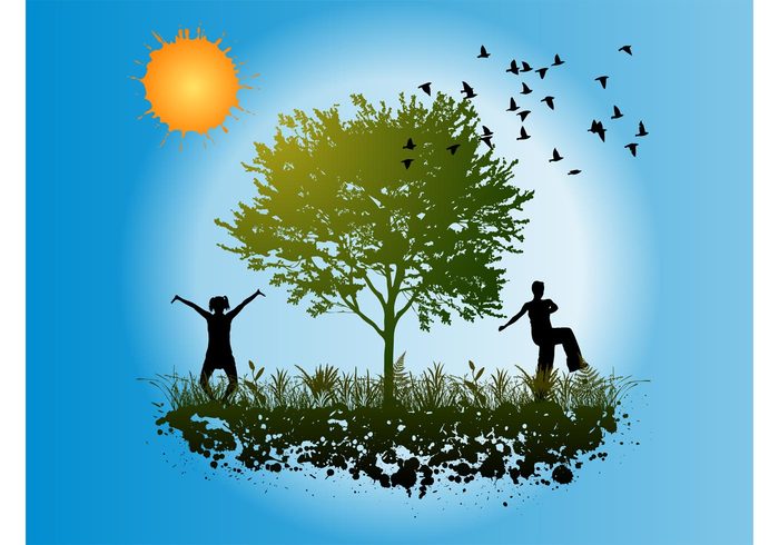 woman tree sun sport splatter sky silhouettes plants man jump health happy happiness grunge grass ecology birds animals 