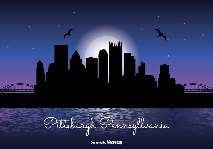 west vector USA United travel states stars skyscraper skyline sky silhouette shore scraper reflection poster postcard pittsburgh skyline pittsburgh pennsylvania panorama night time night moon modern lights landmark high front evening downtown detailed dark coast cityscape city building beautiful background architecture america  