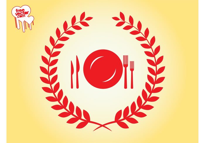 wreath vintage stylized retro restaurant plate meal logo leaves laurel wreath knife icon fork dish cutlery 