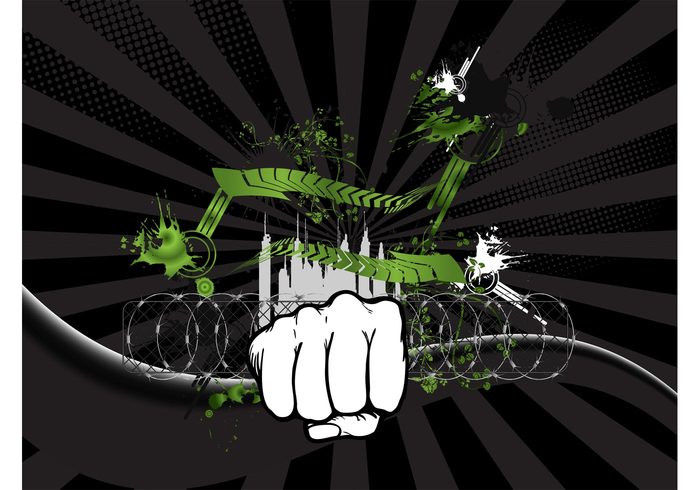 wallpaper urban Street Art splatter silhouettes Punch grunge fist fence city buildings barbed wire background 