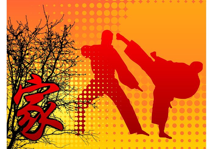 tree silhouettes silhouette men martial arts man kimono karate kanji hieroglyph halftone fighting Fight branches background 