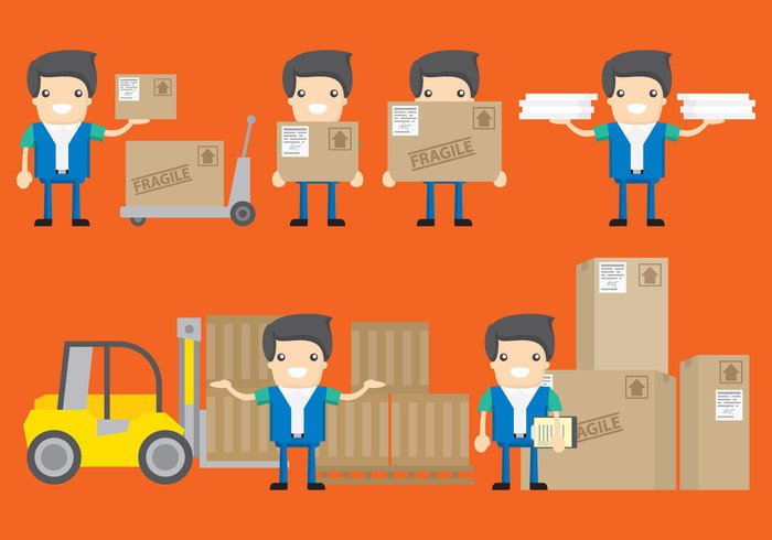 work white vector uniform transportation Smile set service profession Postman person Parcel packaging man male Mailman Job isolated illustration holding freight delivery man delivery deliver courier character cartoon Carry cap box bottle background 