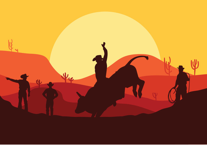 wild west texas silhouette rodeo landscape illustration fighting farm desert danger cowboy bull rider bull animal action 