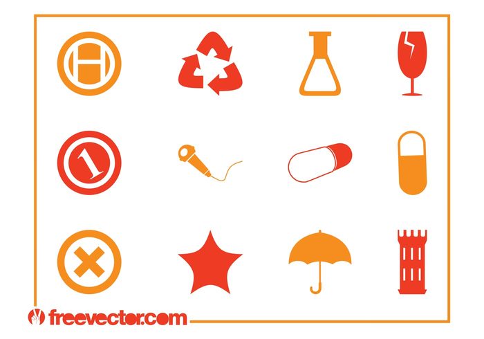 umbrella tower symbols recycling symbol recycle pill money microphone mic icons icon fragile flask coin champagne glass  