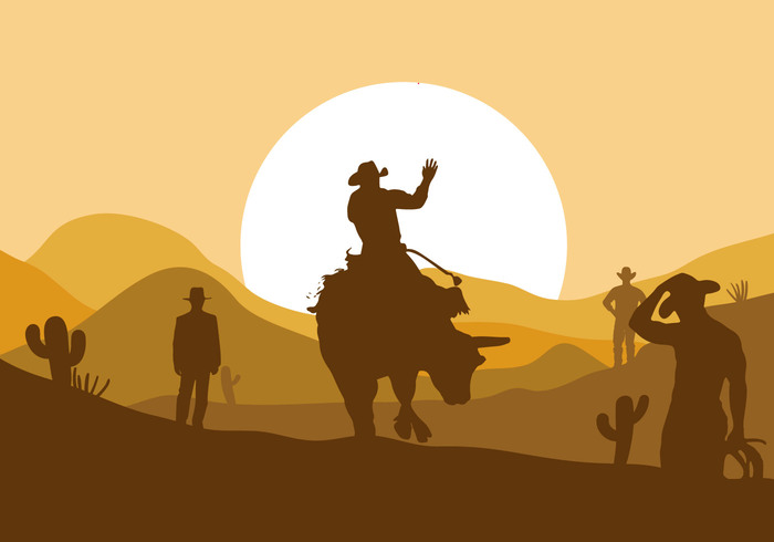 wild west texas silhouette rodeo landscape illustration fighting farm desert danger cowboy bull rider bull animal action 