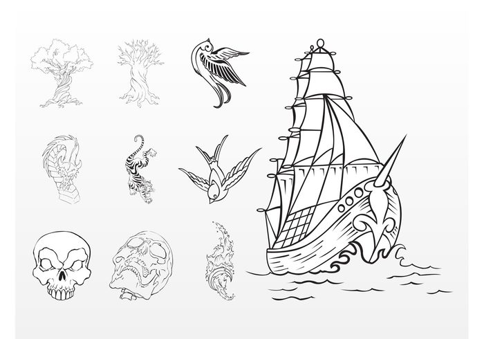 waves water tree tiger Tattoo vector swallow skull ship sailing sail pirate ocean head dragon bird animal 