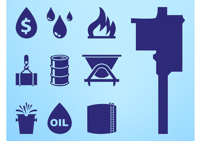 tower silhouettes Oil pumping oil money icons flames fire drops droplets dollar sign container bucket barrel 