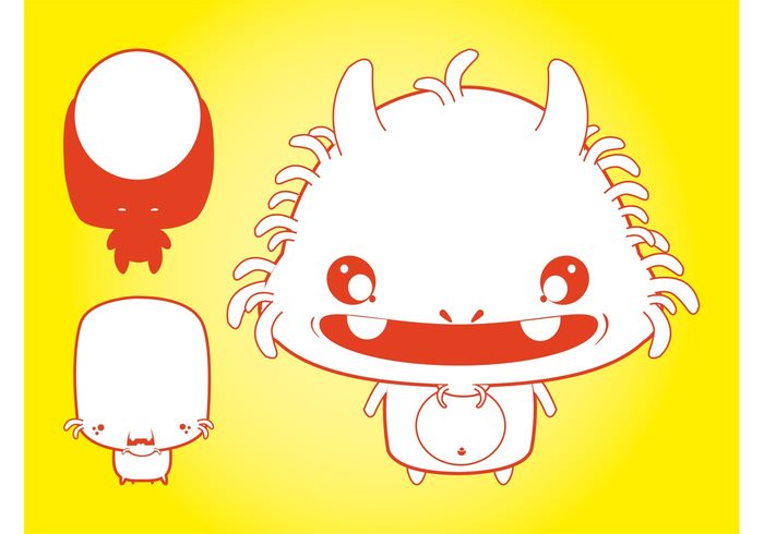 Smile sad monsters mascots kawaii happy cute creatures characters cartoon animals aliens 