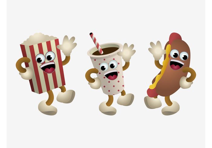 soda snacks Smile popcorn mascots hotdog happy food fast food drink cup coke characters cartoon  