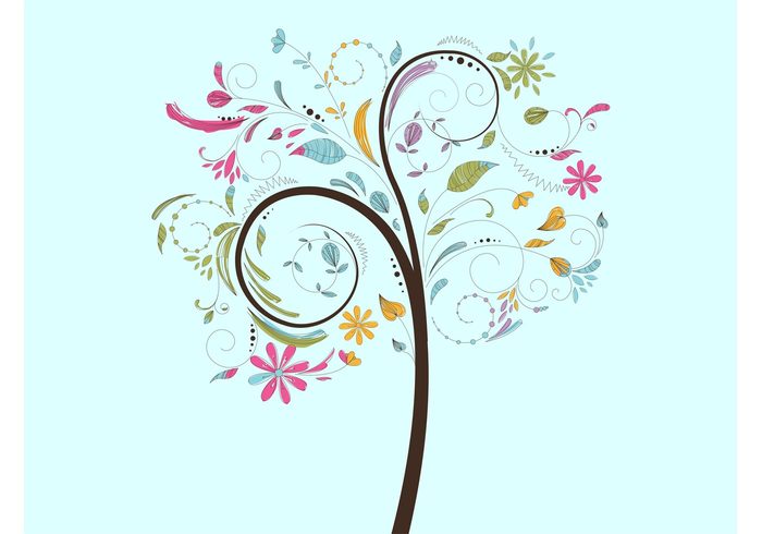 vector tree twigs trunk Tree graphics plant petals nature leaves hand drawn floral dots decorations colorful branches bloom 