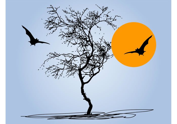 twigs trunks tree silhouettes scary nature moon horror halloween full moon flying fly flora fauna branches bats animals 