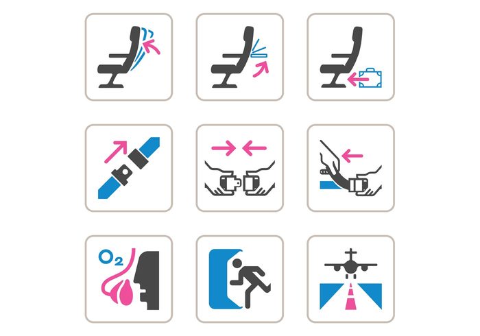 vector trunk trip travel transportation transport symbol suitcase sign set security seat belt safety plane pictogram object luggage information in illustration icons icon Hostess graphics fly flight design Departure control collection clipart check business border baggage airport airplane aircraft air aeronautic  