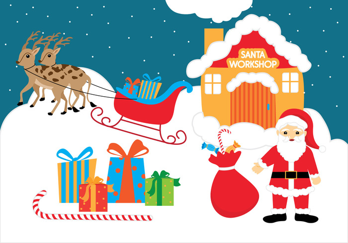 year xmas workshop winter traditional Smile sleigh Santa's workshop santa's sleigh santa cap vector santa saint reindeer red north pole Miracle merry man male making magic lights interior indoor holiday happy gifts fairytale event December Claus christmas childhood cheerful background 
