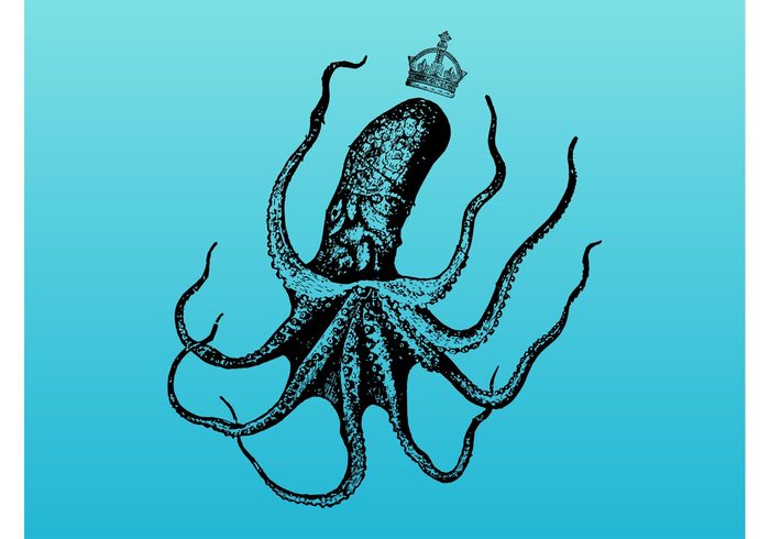 water T-shirt print sea royal retro octopus ocean nature marine king hand drawn fauna crown boss Aquatic animal  
