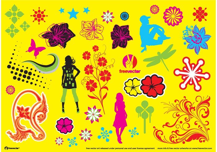 yellow vector art set scrolls poster pop art pink pack ornaments nature graphics free flyer flowers exotic cool butterflies artwork 