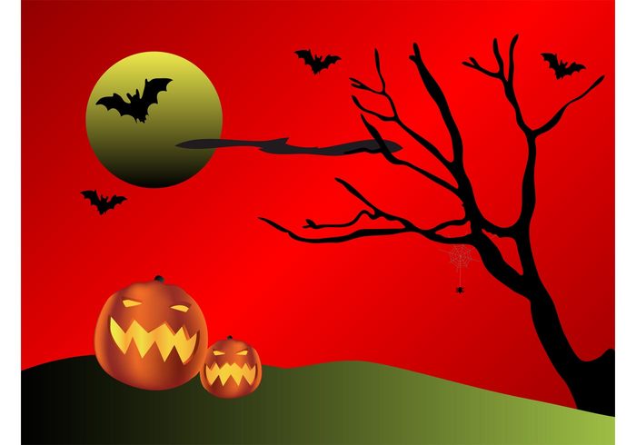 tree silhouettes scary pumpkins nature moon Jack-o’-lanterns jack o' lantern halloween faces evil carved bats 