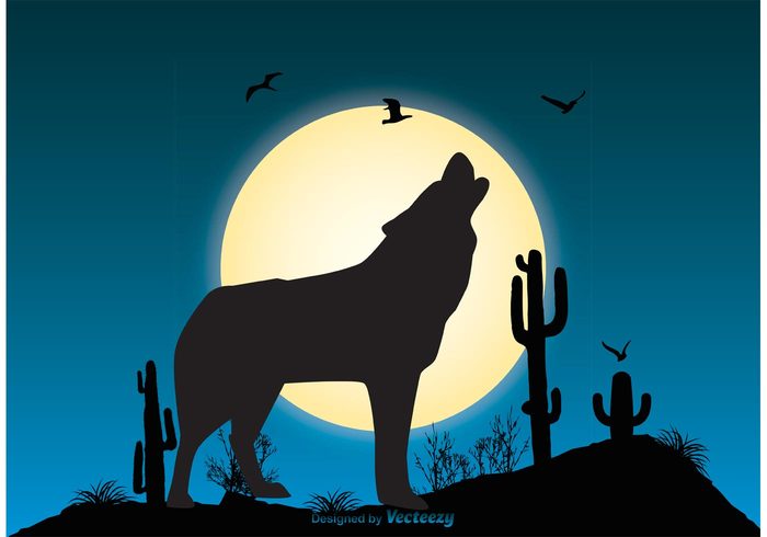 wolf wildlife wild vector spooky sky silhouette shadow predator planet Outdoor night sky night nature mystery mountain moonlight moon midnight landscape image illustration Howling wolf howling Howl horizontal horizon halloween full moon full dog darkness dark coyote concept bright moon blue sky blue background animal 