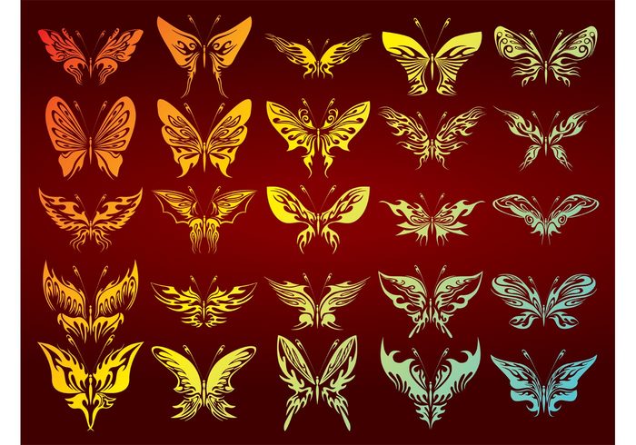 wings Vector set tribal tattoo symbol style sign shape pattern nature light insect gradient fly flight elegance butterfly butterflies beauty beautiful 
