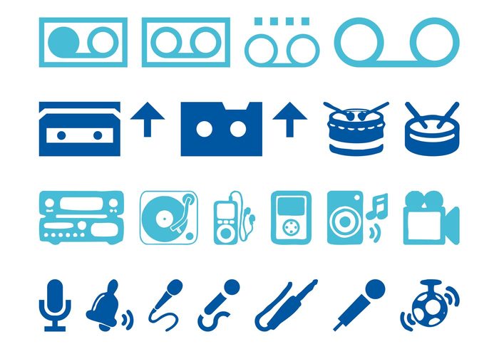 tech stylized sound silhouettes music Mp3 players Mixtapes Mics microphones icons drums disco ball cassettes camera bell audio 