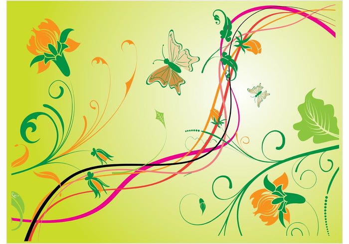 wallpaper trendy summer spring silhouette shape scroll retro plant nature natural leaf green flower floral elegance curl butterfly beautiful background abstract 