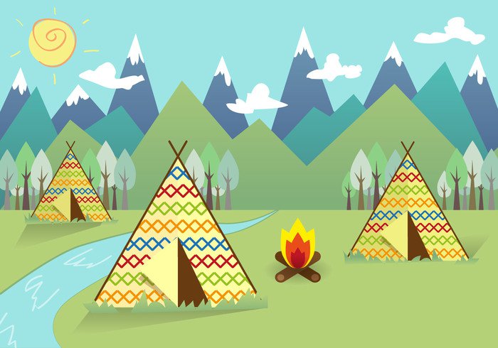 wild western west village vector tipi teepees teepee sunny sun spring sky simple river plateau native mountains mountain indian illustration house hill graphic forest flat ethnic design creative clouds cartoon caricature Brave art apache ancient american america 