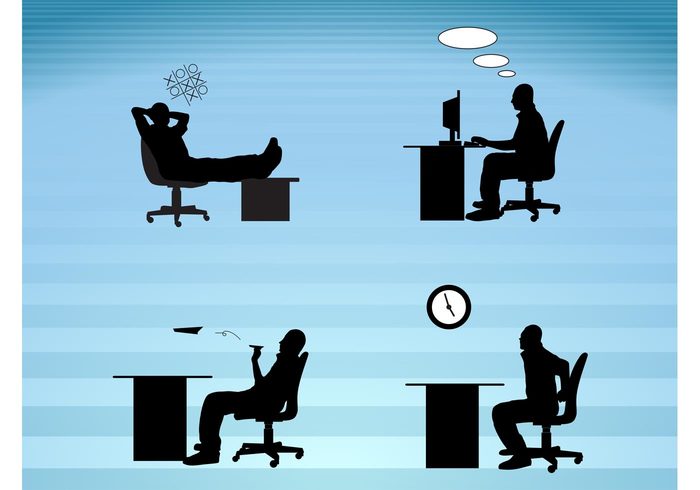 workstation worker time Slacking silhouettes people office Lazy desk Cubicle computer clock chair business 