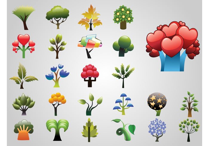 trunks trees Tree vectors plants organic nature natural logos leaves icons exotic crowns colors colorful 