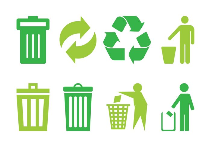 Trash cans trash bins trash symbols Sustainability silhouettes recycling recycle people icons ecology eco arrows 