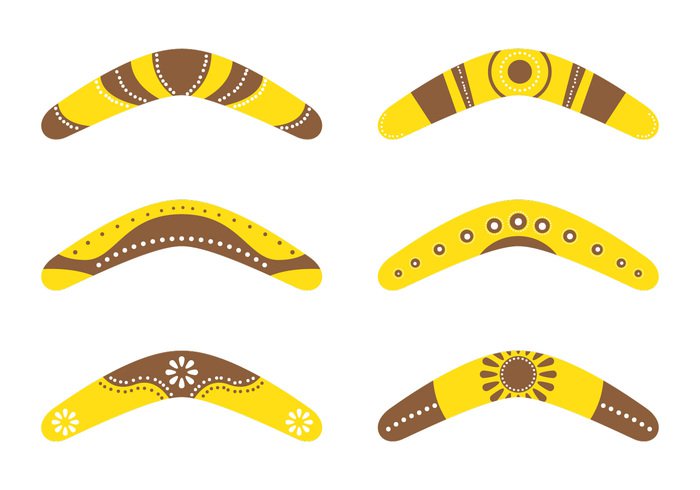 yellow wood weapon vector tribal travel traditional Throwing symbol sport Souvenir shape pattern painting object Indigenous illustration icons hunting equipment entertainment element elegance design decoration culture color brown boomerang background Australian Australia art actions aborigine 
